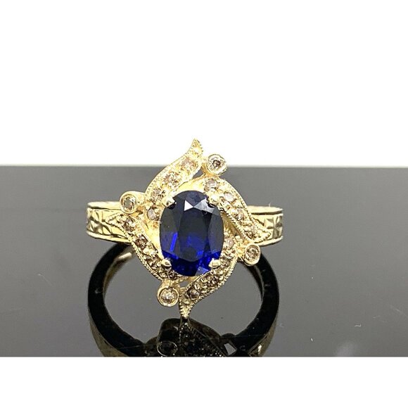 Blue Gemstone Diamond Cocktail Ring 14k Yellow Gold Estate Women's Size 7 - Picture 1 of 14